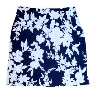 Talbots Tropical Floral Pencil Skirt 14 Navy White Preppy Workwear Resort Wear